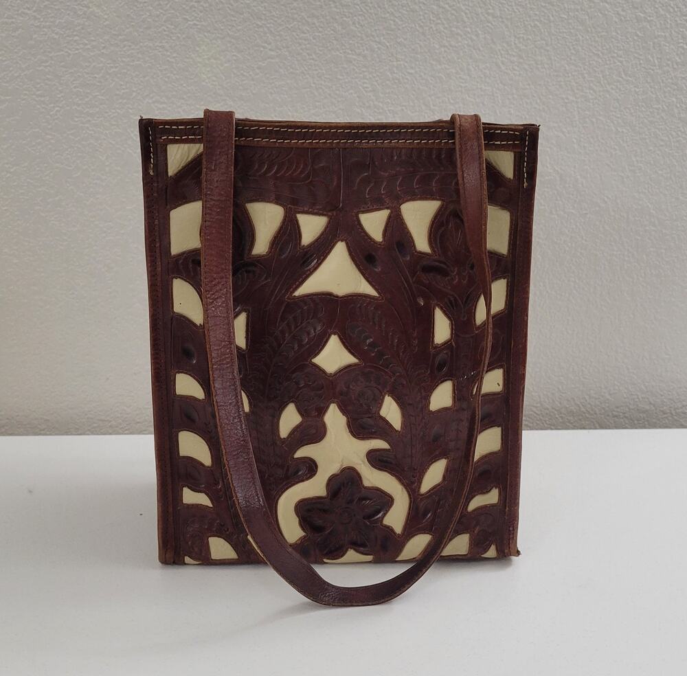 Leaders In Leather Tooled Cutwork Leather Tote Brown Cream Floral Boho Western